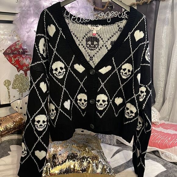Xxxl plus size cropped skull heart argyle black white cardigan sweater goth glam - Picture 1 of 4